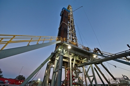 An oil & gas drilling rig is drilling a well for Pioneer Natural Resources in the Eagle Ford Shale formation near Yorktown.
