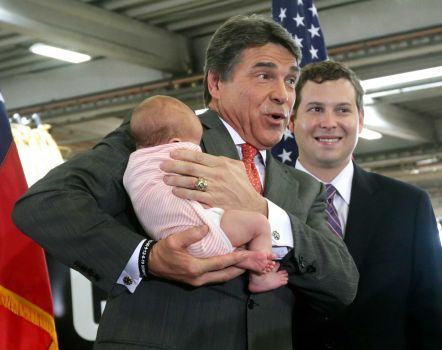 Griffin Perry, son of Rick and Anita Perry:"Two pieces of wisdom: 1/2 Proverbs 18:17
In a lawsuit the first to speak seems right, until someone comes forward and cross-examines," Griffin Perry tweeted.Pictured, Texas Gov. Rick Perry holds his new granddaughter Ella Gray Perry, as his son Griffin, right, Ella Gray's father stands close by. Photo: San Antonio Express-News / ©2013 San Antonio Express-News