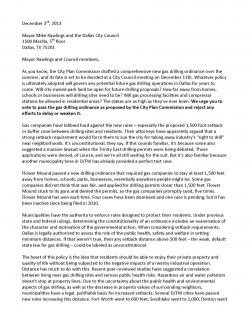 Letter of Support for the Dallas drilling ordinance as proposed by the City Plan Commission