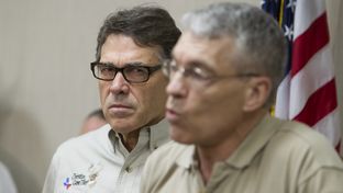 Gov. Perry and DPS Director Steve McCraw, speak to media following a tour to a federal facility housing unaccompanied alien children in Weslaco, Texas June 23rd, 2014. The state is providing $1.3 million per week to commence surge operations to help combat crime along the border.