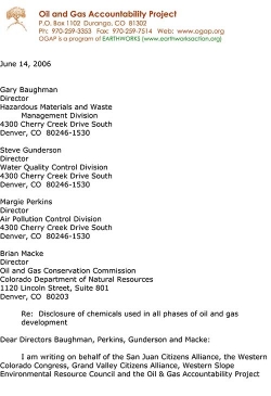 Letter to COGCC and CDPHE regarding disclosure and monitoring of oil and gas chemicals in Colorado