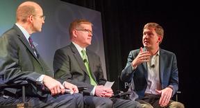 /DSCC Executive Director Guy Cecil (right) responds to a question from POLITICO Chief White House Correspondent Mike Allen (left). | Rod Lamkey Jr./POLITICO