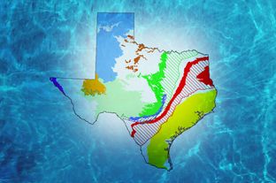This map shows all nine major aquifers in Texas. The Carrizo-Wilcox aquifer is shown in red.