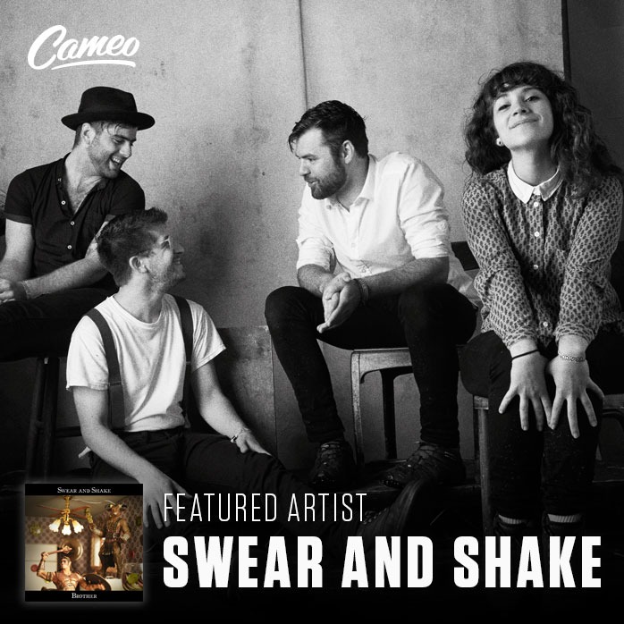 We cannot get enough of Swear and Shake&#8217;s big hook americana. Lead singers Adam McHeffey (guitar, banjo) and Kari Spieler (guitar) met on the campus of SUNY Purchase College. Shaun Savage (bass) and Ben Goldstein (drums) later joined the group, and Swear and Shake started gaining momentum, recording their first EP. In the summer of 2011, Swear and Shake began creating Maple Ridge, named after the barn in which it was recorded. Produced by Ben, the album was released the following summer. The &#8220;Folksy, foot-stomping rock&#8221; album (The New York Times) has garnered positive reviews from Teen Vogue to Time Out New York.
Swear and Shake has been keeping busy - recently sharing the stage with acts including The Lumineers, G. Love &amp; Special Sauce, and performing at Governors Ball. The band is currently touring in support of a new EP, Ain&#8217;t That Lovin&#8217;.
Cameo features three, incredible Swear and Shake songs. We had the chance to catch up with the band while they are touring across the East Coast. All four members jumped in and discussed musical inspiration and what can be found in their camera roll. Find more of Swear and Shake&#8217;s music here.
What’s your favorite thing (website, link, etc.) on the internet right now?
Kari: This video of Joaquin Phoenix&#8217;s forehead.
If you could watch anyone from history’s Cameo, who would it be?
Ben: Roberto Bolaño
Favorite things?
Shaun: THESE are a few of my favorite things.
Best film score ever?
Adam: Man, I love the score for Eternal Sunshine of the Spotless Mind, written by Jon Brion.
Who are three people that have inspired your music?
Kari: Three people that inspired my music are Ariel (The Little Mermaid), Fiona Apple, and also this woman who fronted a country band at a dude ranch I stayed at when I was a kid. She was so incredible.
If your house was burning down, what’s the one thing you would grab?
Ben: My cats, Mikey and Louie. Do Mikey and Louie count as &#8220;one thing?&#8221; They better.
What will your first Cameo be about?
Adam: The best videos I take are never planned! But so many fun things happen on tour. I love the new slow motion function on the iPhone so I will definitely utilize that.
Best concert venue on earth?
Shaun: Red Rocks Amphitheater seems like a dream. It&#8217;s always been on my to-do list to play there and I just caught my first concert there not long ago. It&#8217;s such a beautiful place tucked into the mountains of Colorado, the atmosphere is so inspiring.
Tell us about the last video shot on your phone:
Adam: I&#8217;m making a lyric video for our new song &#8220;Good As Gone.&#8221; I shot a bunch of footage from the drivers perspective with my phone on the dashboard. I&#8217;m going to overlay some text and put it online soon.
Website | Facebook | Twitter | SoundCloud