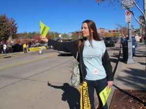 Dana Dolney was among the protestors who gathered in front of Heinz Field in Pittsburgh where oil and gas services company Baker Hughes presented a large donation to the Susan G. Komen breast cancer organization. 