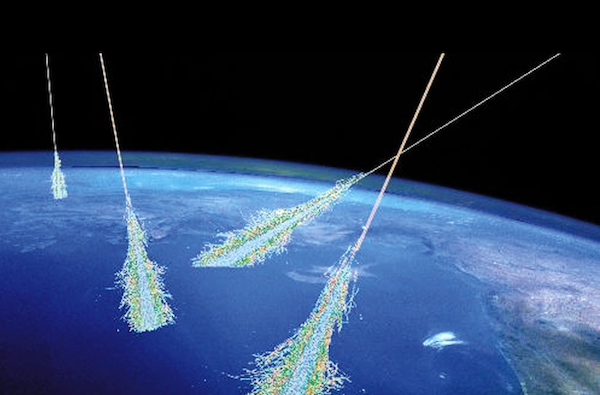 An artist's depiction of a cosmic ray air shower. Credit: Simon Swordy (U. Chicago), NASA.