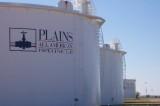 Plains All American Pipeline displays its company logo on storage tanks at the crude oil hub in Cushing, Okla. (Plains All American)