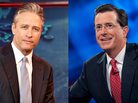 Jon Stewart (from left) and Stephen Colbert hosted live editions of their programs, The Daily Show and The Colbert Report, on Tuesday.