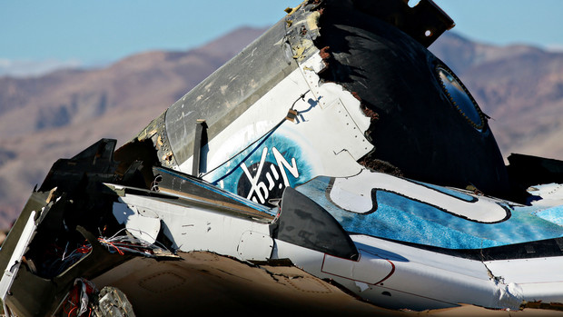 Debris from Virgin Galactic SpaceShip 2 sits in a field north of Mojave, California on Nov. 2, 2014.