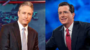 Jon Stewart (from left) and Stephen Colbert hosted live editions of their programs, The Daily Show and The Colbert Report, on Tuesday.