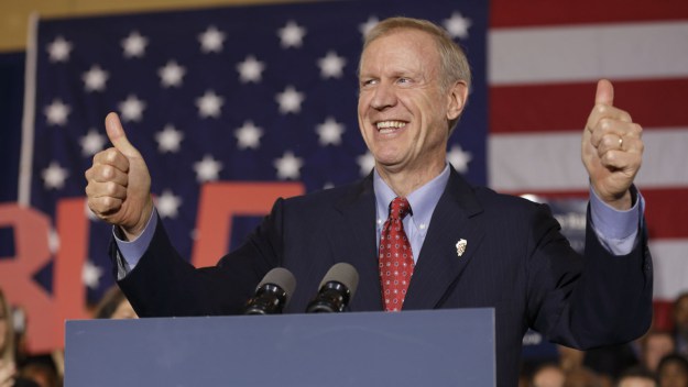 Republican gubernatorial candidate Bruce Rauner declares victory during his election night gathering while incumbent Democratic Gov. Pat Quinn is yet to concede on November 4, 2014 in Chicago, Illinois. Rauner leads by over 170,000 votes with 98 percent reporting. (Photo by John Gress/Getty Images)