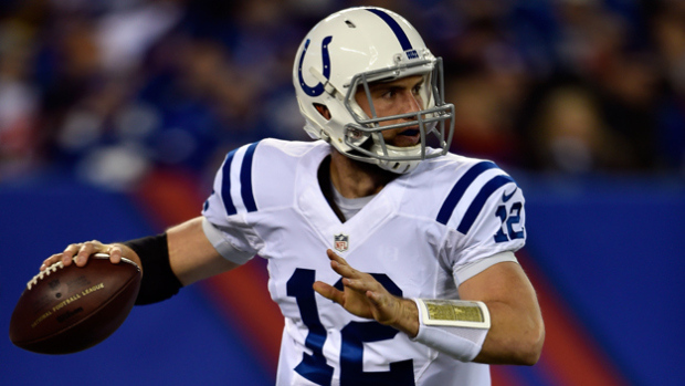 Andrew Luck #12 of the Indianapolis Colts looks to throw a pass in the first quarter against the New York Giants during their game at MetLife Stadium on November 3, 2014 in East Rutherford, New Jersey. (Photo by Al Bello/Getty Images)