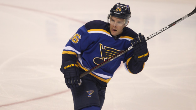 St. Louis Blues Paul Stastny watches the puck against the Carolina Hurricanes in the first period at the Scottrade Center in St. Louis on September 30, 2014. UPI/BIll Greenblatt