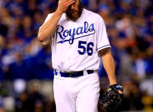 KANSAS CITY, MO - OCTOBER 29: Greg Holland #56 of the Kansas City Royals walks off of the mound after pitching in the ninth inning against the San Francisco Giants during Game Seven of the 2014 World Series at Kauffman Stadium on October 29, 2014 in Kansas City, Missouri.