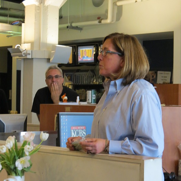 Dory Culver, retiring after a long and distinguished career in broadcast news, addresses the KCBS newsroom on her last day as managing editor.