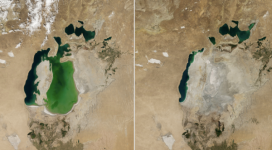 Images of the shrinking Aral Sea in Central Asia acquired by NASA satellites on August 25, 2000 (l) and August 19, 2014. The Aral Sea was once the world’s fourth largest lake, but has lost most of its water due to diversions of the rivers that sustained it. Images courtesy of NASA.