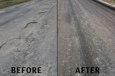 Before and after images of of the frontage road on I-37 in Live Oak County. The Texas Department of Transportation converted the badly-damaged asphalt road to an unpaved road the week of August 19, 2013.