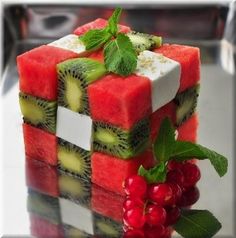 rubix cube of cheese and fruit?