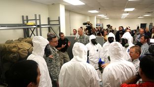 Gov. Rick Perry visiting soldiers at Fort Hood on Oct. 9, 2014. The 36th Engineering Brigade is preparing to deploy to Liberia to assist in the effort to control the Ebola outbreak.