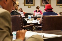 State Board of Education members work their way through proposed revisions to social studies textbooks at a meeting with publishers in Austin on Monday, October 20, 2014.