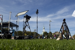 Media equipment stans ready on the green at Dartmouth for the Republican debates on October 11, 2011.