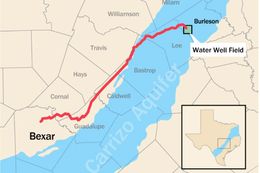 A map of the proposed pipeline that will deliver 16 billion gallons of water annually from underneath Burleson County to San Antonio, about 140 miles away.