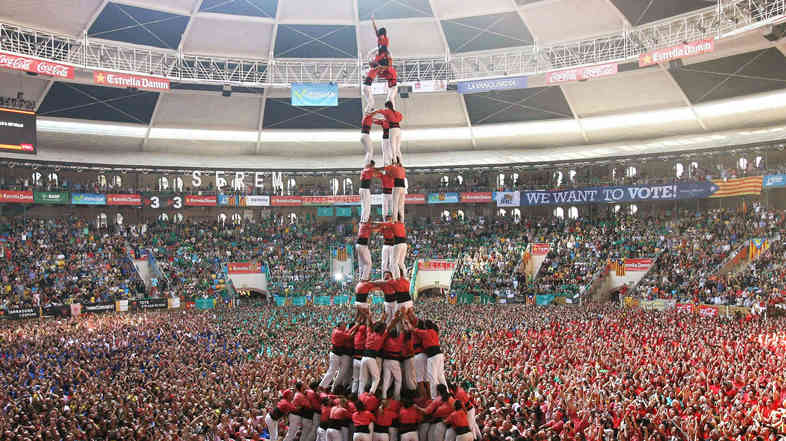 The runner-up team performs in the 25th castells competition at Tarraco Arena ring in Tarragona, Catalonia, northeastern Spain, on Oct. 5.