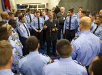 Houston Fire Department District Chief C. Hill, center, addresses cadets of the Houston Fire Department's Training Academy Class 2014-C before their graduation at the George R. Brown Convention Center, Wednesday, Nov. 5, 2014, in Houston.