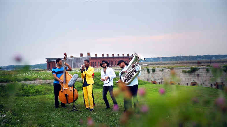 Jon Batiste and the Stay Human band perform on top of Fort Adams at the 2014 Newport Jazz Festival for an NPR Music Field Recordings video shoot.