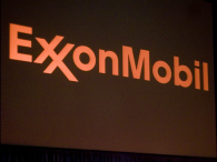 Compnay banner during an ExxonMobil annual shareholder meeting. (credit: Brian Harkin/Getty Images)
