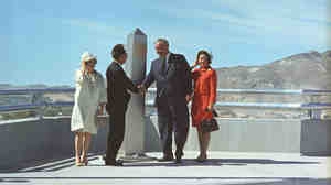 President Johnson and Mexican President Gustavo Di­az Ordaz, with their wives, celebrate the dedication of the Chamizal Monument in Juarez, Mexico, on Oct. 28, 1967. The monument signified the international boundary marker between the two countries, designated in 1964.