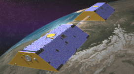 An artist’s rendering of the twin satellites of NASA’s Gravity Recovery and Climate Experiment (GRACE). Using data from this mission, scientists have determined that a vast volume of groundwater has been depleted from the Colorado River Basin over the last decade. Credit: NASA/JPL