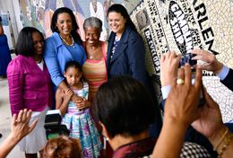 From left, Mayor Pro Tem Sheryl Cole, Texas State Rep. Dawnna Dukes, Former Austin Independent School district Board of Trustee member Wilhelmina Delco, and Former AISD Superintendent Dr. Meria Carstarphen stand in front of the "Reflections" mural at the African American Cultural and Heritage Facility in Austin, Texas.  The mural celebrates African American pioneers in the area of public service. June 9, 2014.