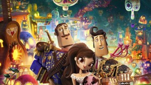 Joaquín, María, and Manolo stand in front of a Día de los Muertos world in The Book of Life.