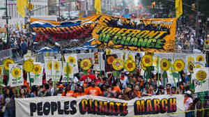 Demonstrators gathered near Columbus Circle before the start of the People's Climate March in New York.