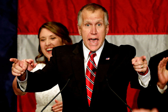 Republican Senate candidate and North Carolina House Speaker Thom Tillis speaks to supporters at an election night rally in Charlotte, N.C., Wednesday, Nov. 5, 2014, after defeating Democratic Sen. Kay Hagan. 