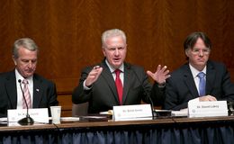 Dr. Brett Giroir, director of the Texas Task Force on Infectious Disease Preparedness and Response, speaks during the panel's first public hearing on Oct. 23. At left is Dr. Kyle Janek and at right is Dr. David Lakey.