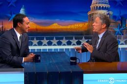 U.S. Rep. Joaquin Castro with Jon Stewart on The Daily Show on Oct. 28.