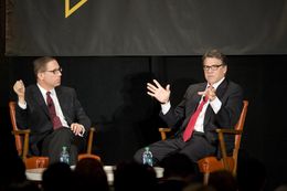 Editor Evan Smith listens as Gov. Rick Perry reminisces about his time as governor during the final keynote of TribFest on Sept. 21, 2014.