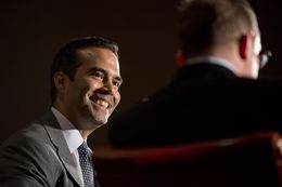 Candidate George P. Bush at TribFest with Evan Smith at Friday's keynote on Sept. 19, 2014.