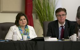 Sen.Leticia Van de Putte D-San Antonio and Sen. Dan Patrick R-Houston during during a joint Interim Committee to Study Human Trafficking in La Joya, Texas on July 24th, 2014. Both Senators are candidates to become the next Lt. Governor of Texas