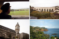 Clockwise from top left: Taking in the view as the TGV train heads south from Paris; a viaduct in Provence and the Esterel Massif on the Mediterranean, as seen from the train window; and Gare de Lyon in Paris.