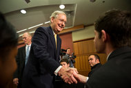 Senator Mitch McConnell at the University of Louisville on Wednesday. Mr. McConnell said he had spoken with the president on advancing free trade agreements, and lamented the fact that the United States now has the highest corporate tax rate in the industrialized world.
