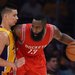 James Harden of the Rockets guarded by the Lakers’ Jeremy Lin.