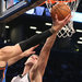 In his first game since breaking his foot last year, Nets center Brook Lopez blocked a shot by the Thunder’s Steven Adams.