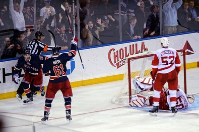 Derick Brassard, left, and Rick Nash after Brassard’s power-play goal in overtime. Nash also scored for his 10th goal of the season.
