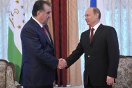 Russia's President Vladimir Putin and Tajik President Emomali Rakhmon meet on the sidelines of an informal summit of the regional security group in 2013