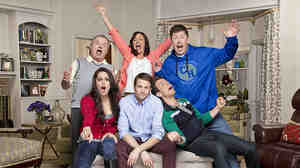 Tyler Ritter (center) stars in CBS's The McCarthys with, clockwise from top left, Jack McGee, Laurie Metcalf, Jimmy Dunn, Joey McIntyre and Kelen Coleman.