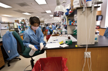 A criminalist tests a sexual assault kit in the Houston Forensic Science Center lab.