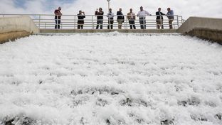 A cascade aerator is shown at the Twin Oaks Valley Water Treatment Plant outside of San Antonio, where the San Antonio Water System maintains an underground storage reservoir.